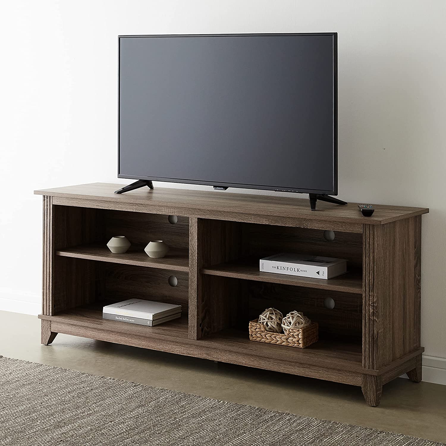 Rockpoint Plymouth 58-Inch Wood TV Stand Storage Console, Weathered Brown