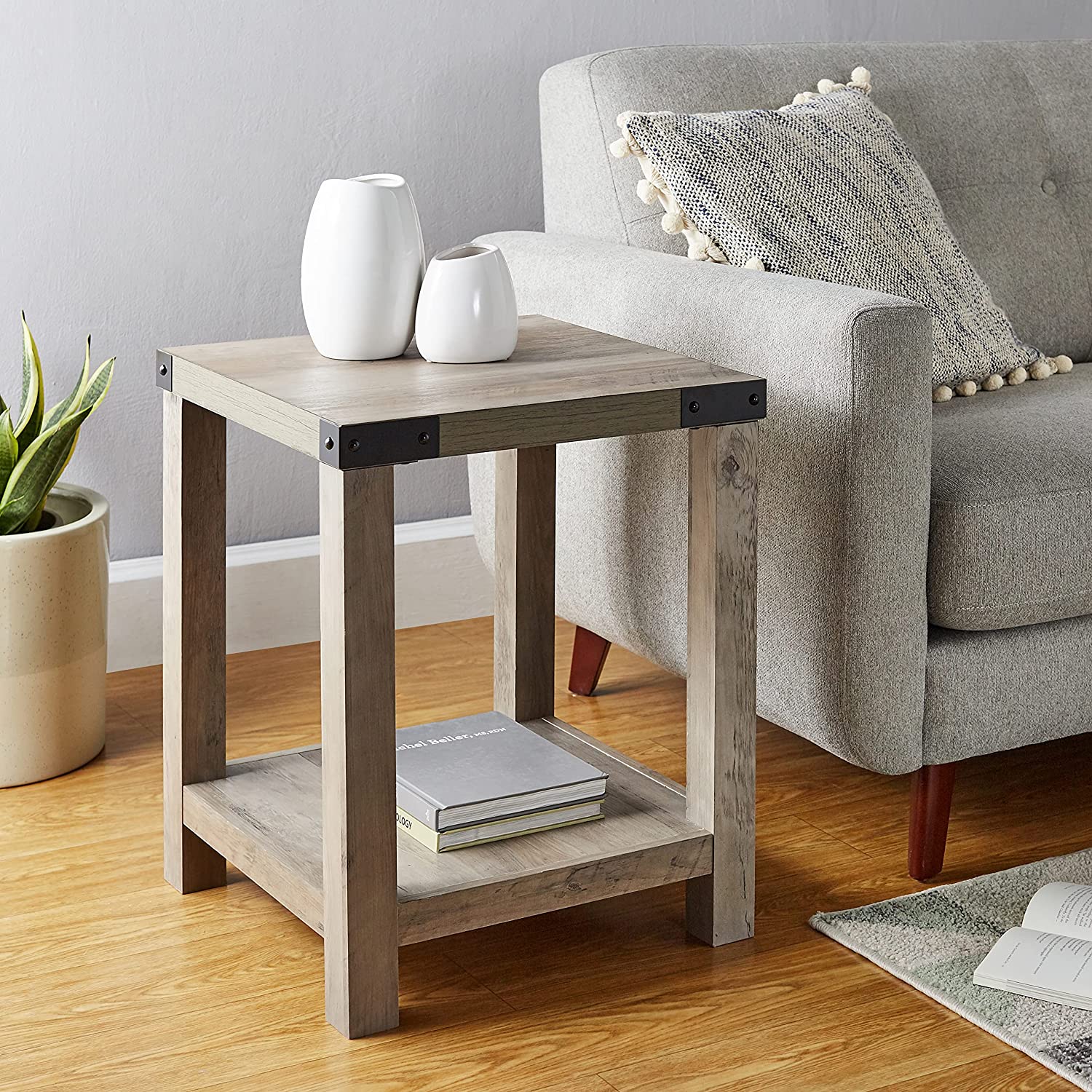 ROCKPOINT Furniture Barn Style Farmhouse Square Accent End Table, Grey Wash