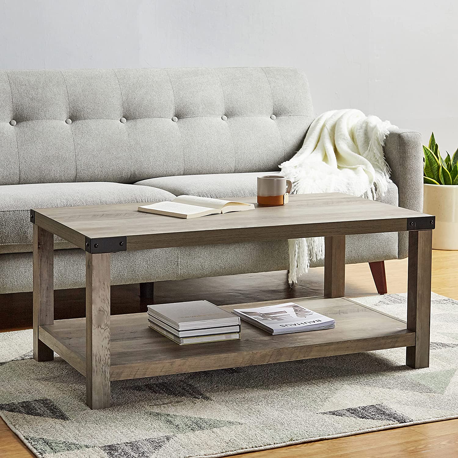 ROCKPOINT Furniture Barn Style Farmhouse Rectangle Accent Coffee Table, Grey wash