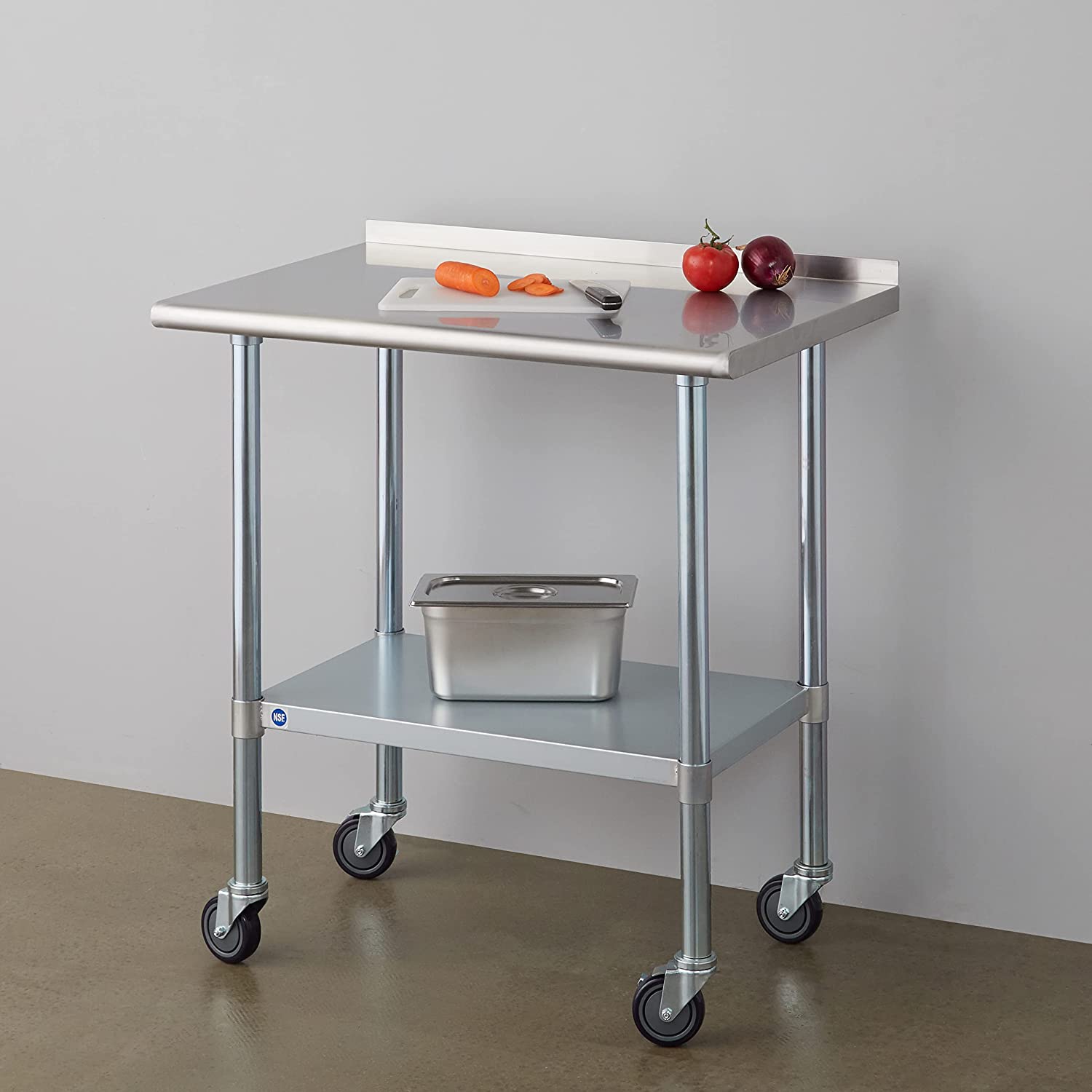 ROCKPOINT Stainless Steel Table for Prep & Work with Backsplash, Caster Wheels 36x24 Inches