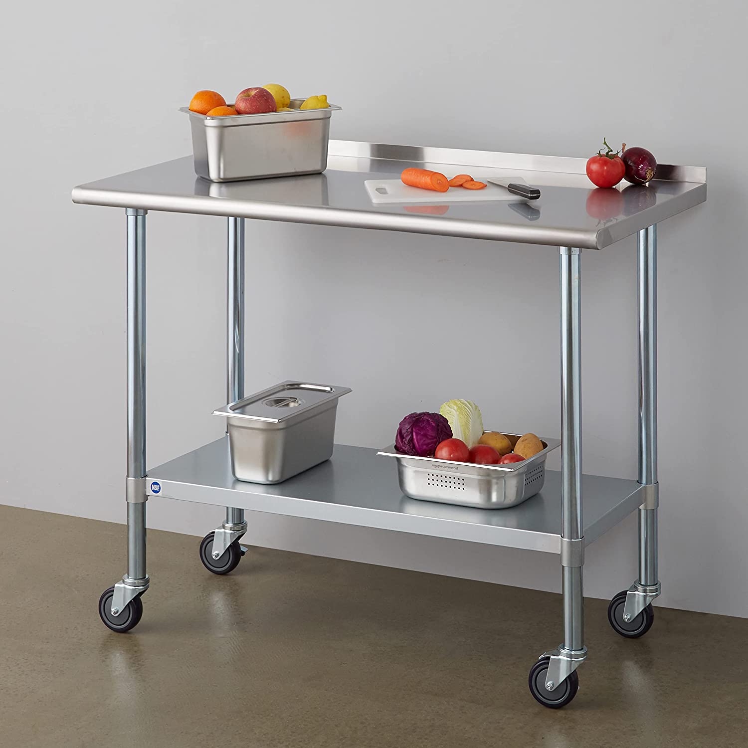 ROCKPOINT Stainless Steel Table for Prep & Work with Backsplash, Caster Wheels 48x24 Inches