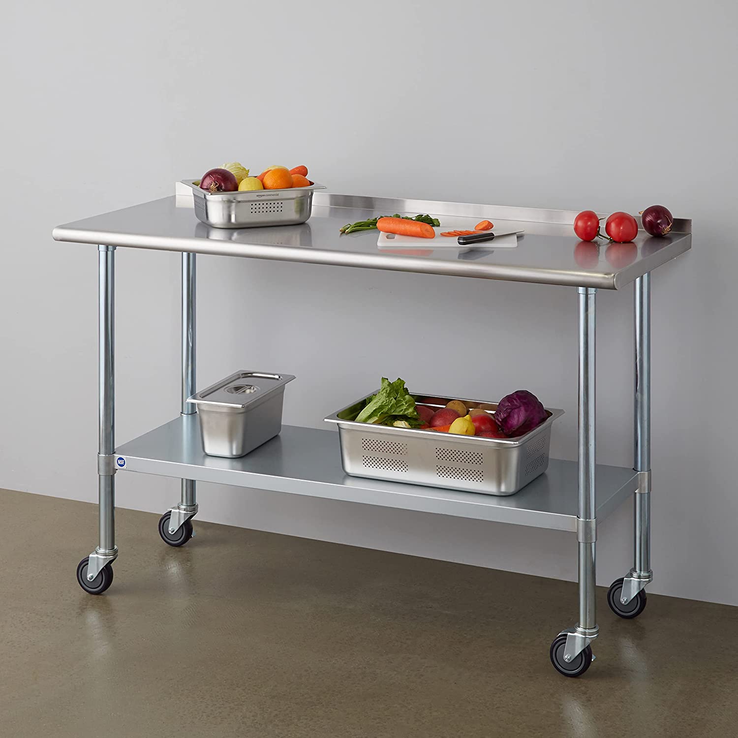 ROCKPOINT Stainless Steel Table for Prep & Work with Backsplash and Caster 60x24 Inches