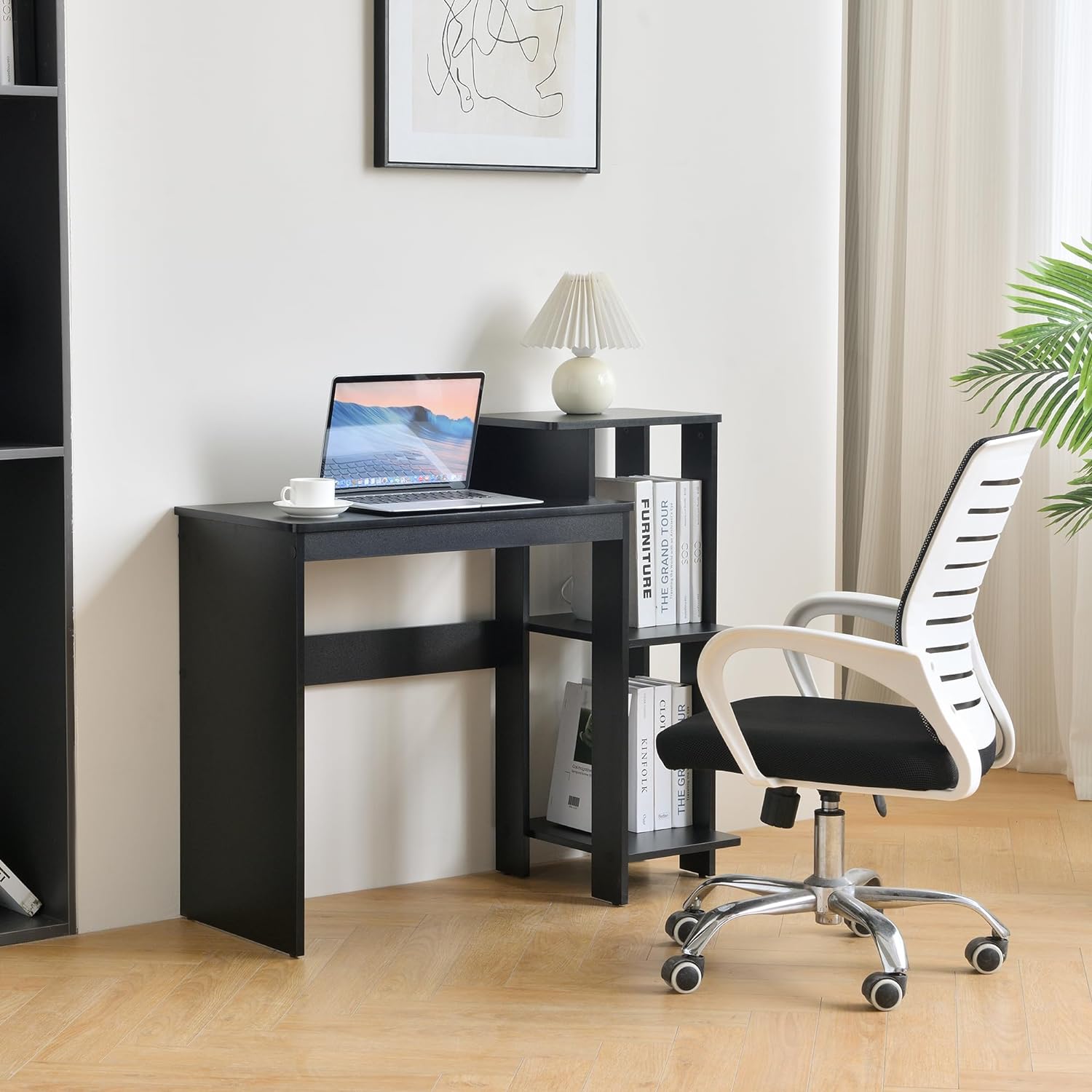 ROCKPOINT Efficient Small Black Computer Desk with Slot and Printer Shelves