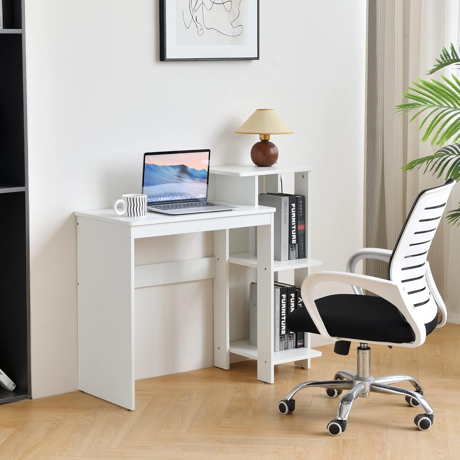 ROCKPOINT Efficient Small White Computer Desk with Slot and Printer Shelves