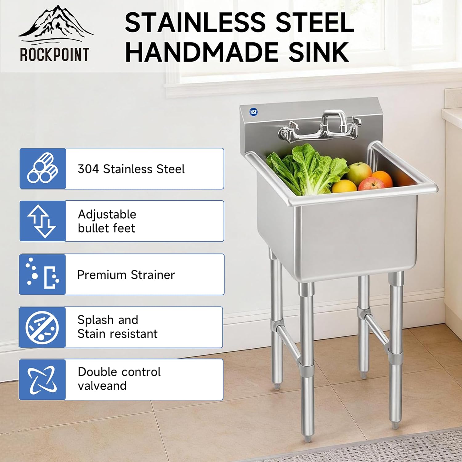 ROCKPOINT Stainless Steel Prep & Utility Sink with Faucet, Handmade Sink with 15