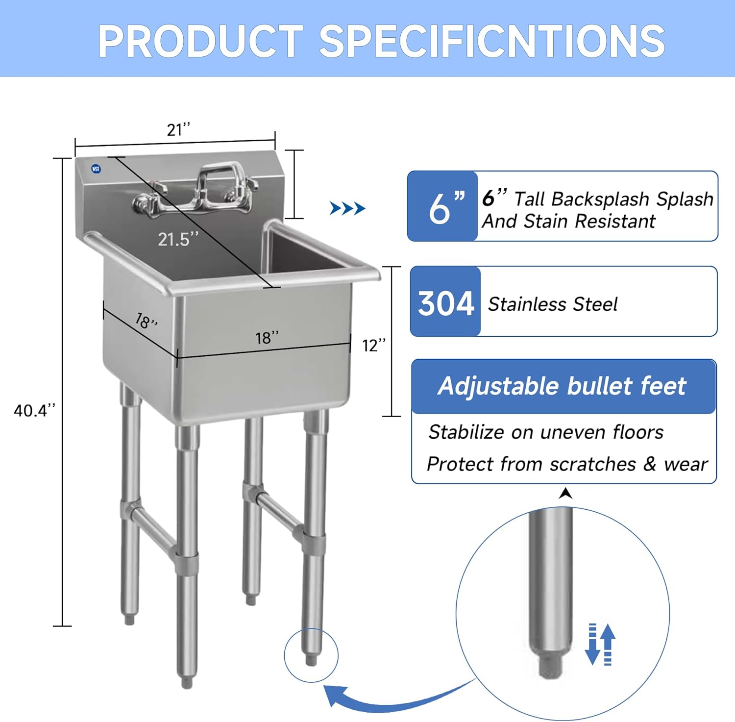 ROCKPOINT Stainless Steel Prep & Utility Sink with Faucet, Handmade Sink with 18