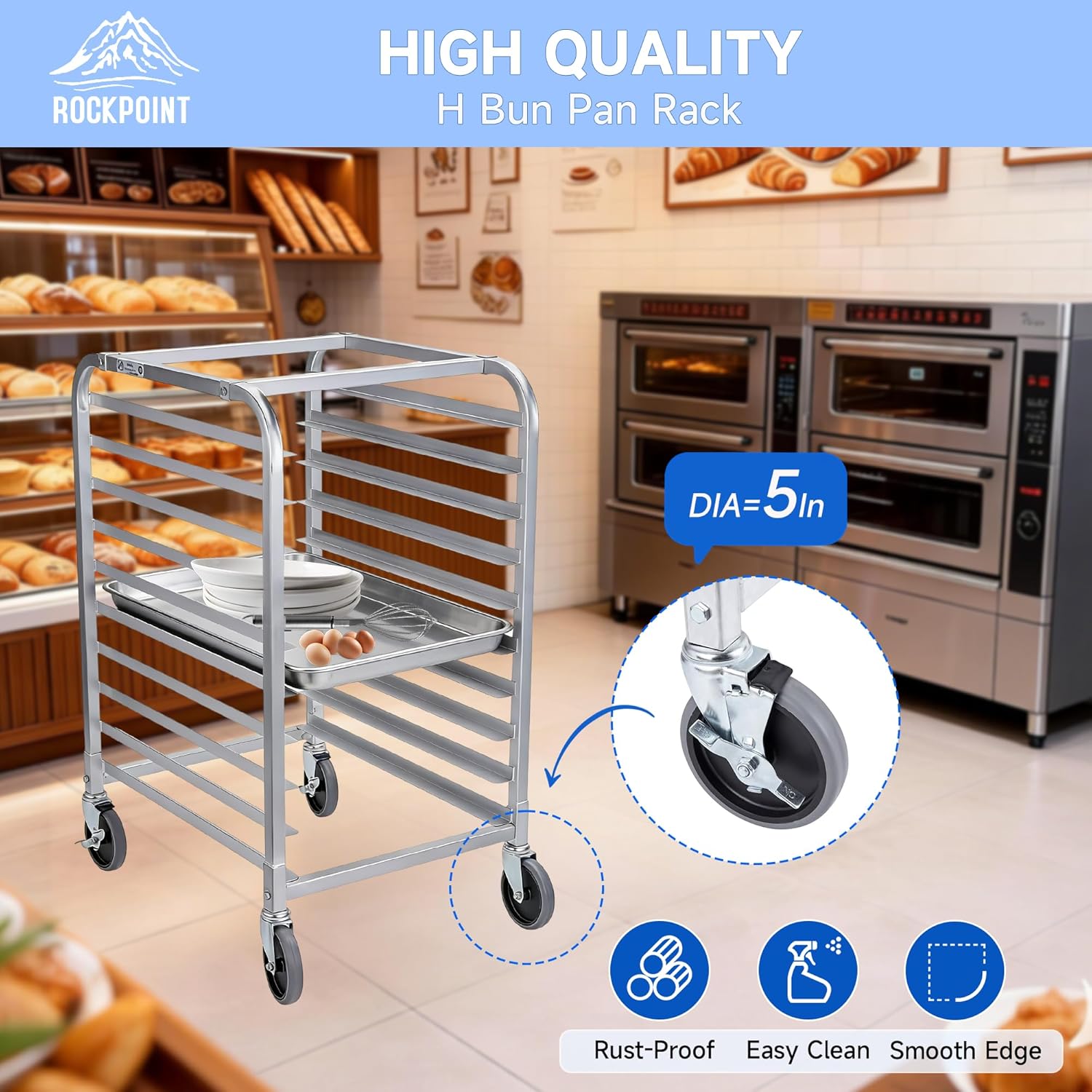 ROCKPOINT Bakers Rack with Storage,10 Tier Bun Pan Rack with Wheels