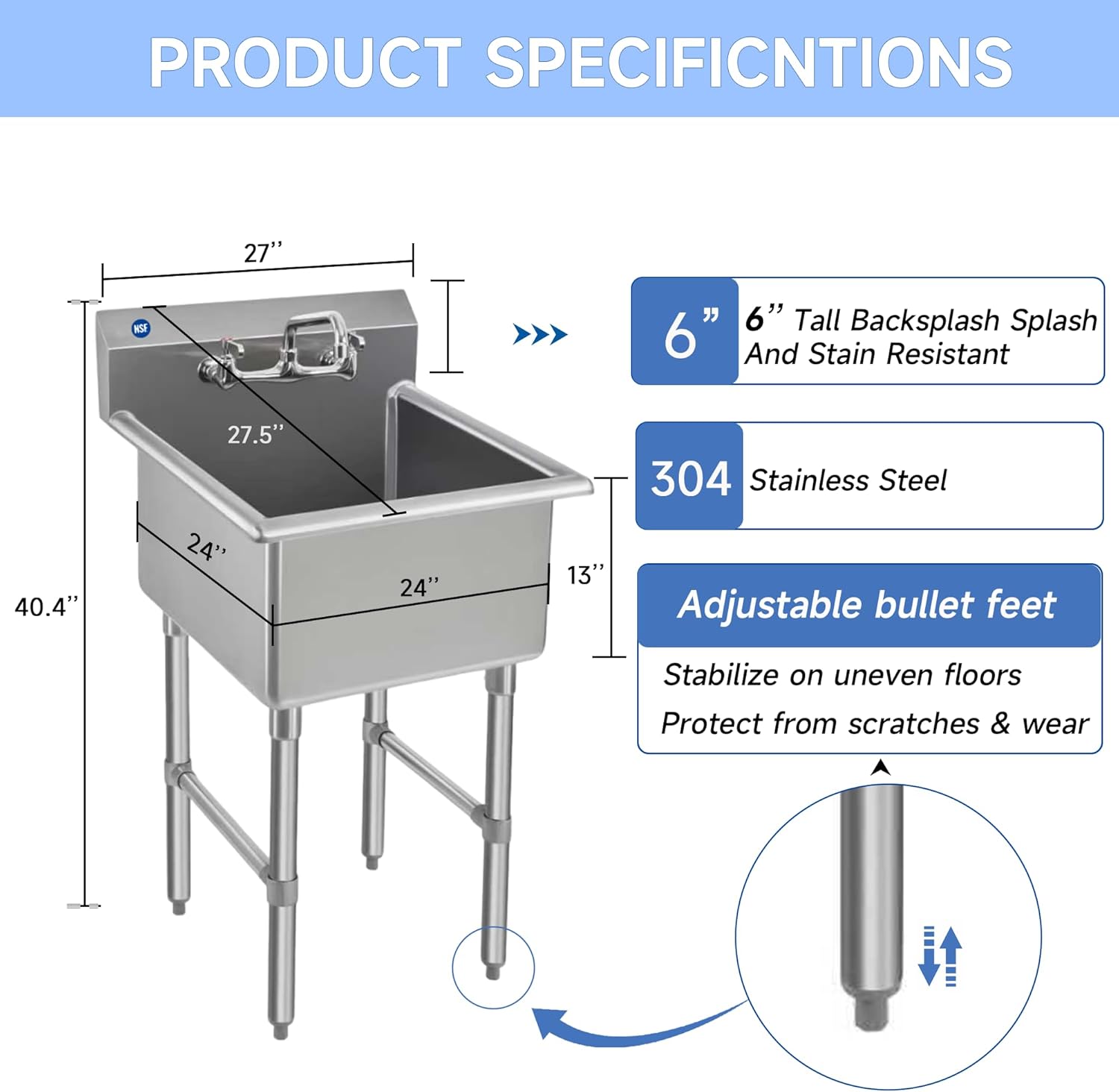 ROCKPOINT Stainless Steel Prep & Utility Sink with 24